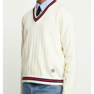 GUCCI COTTON KNIT V-NECK SWEATER WITH WEB